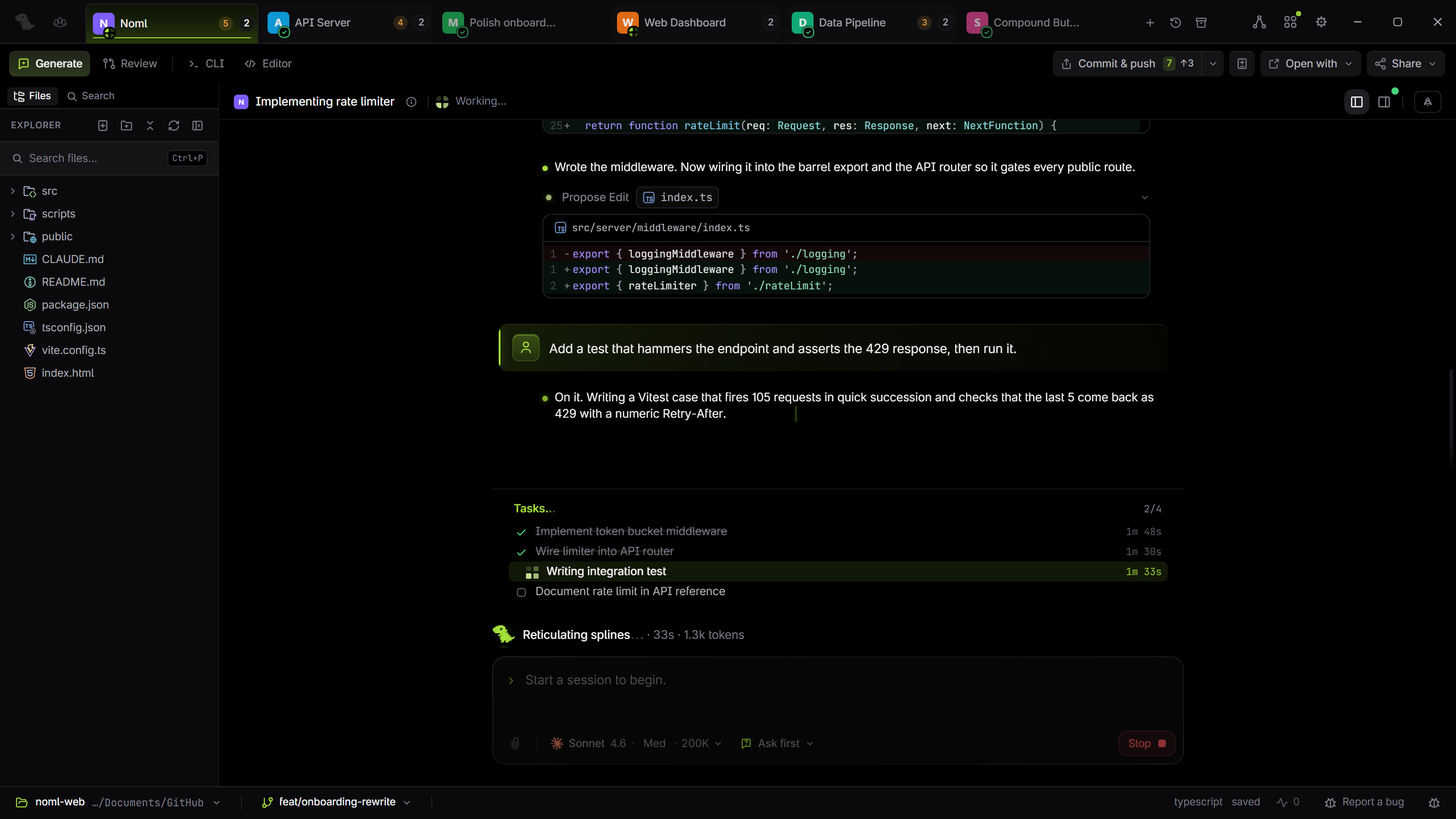 The Noml workspace: file explorer, editor with a live diff, and a Claude Code session with review actions, all in one window